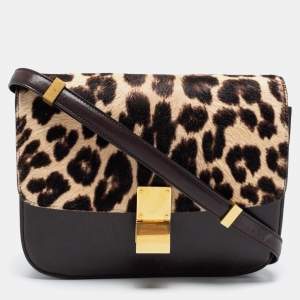 Pre Owned Celine Brown Leopard Print Leather and Calfhair Medium Classic Box Shoulder Bag