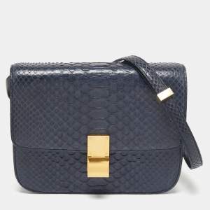 Pre Owned Celine Navy Blue Python Medium Classic Box Shoulder Bag