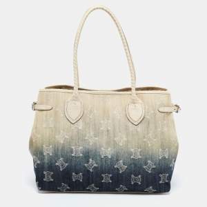 Pre Owned Celine Blue/Beige Macadam Denim and Croc Embossed Leather Tote