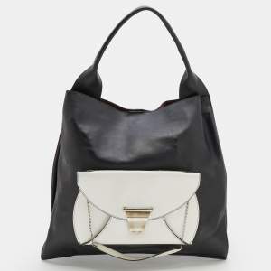 Pre Owned Celine Black/White Leather Front Pocket Medium Shopper Shoulder Bag