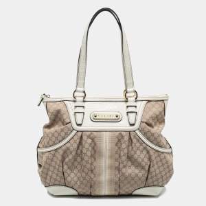 Celine Beige/White Macadam Canvas and Croc Embossed Leather Macadam Tote