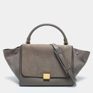 Pre Owned Celine Grey Croc Embossed Leather, Suede and Leather Medium Trapeze Bag