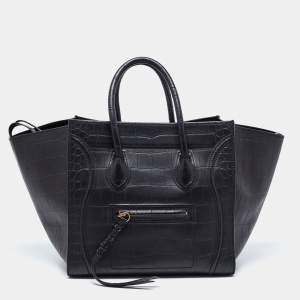 Pre Owned Celine Black Croc Embossed Leather Medium Phantom Luggage Tote