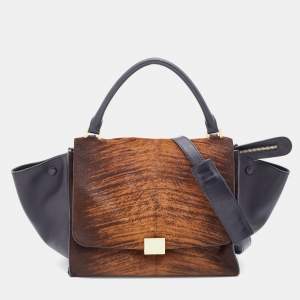 Pre Owned Celine Black/Brown Leather and Calf Hair Medium Trapeze Top Handle Bag