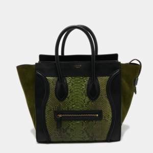 Pre Owned Celine Black/Green Python and Leather Mini Luggage Tote