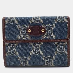 Pre Owned Celine Blue Macadam Denim and Leather French Wallet