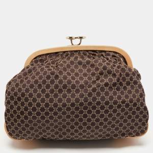 Pre Owned Celine Dark Brown/Beige Macadam Canvas and Leather Frame Clutch