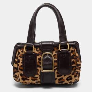 Celine Dark Brown Leopard Print Calfhair and Leather Buckle Flap Satchel