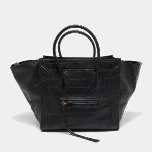 Pre Owned Celine Black Croc Embossed Leather Medium Phantom Luggage Tote