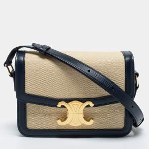 Pre Owned Celine Beige Canvas and Leather Teen Triomphe Shoulder Bag