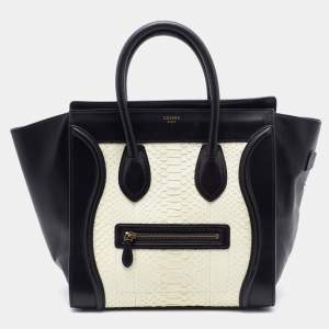 Pre Owned Celine White/Black Python and Leather Mini Luggage Tote