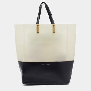 Pre Owned Celine Cream/Black Leather and Vinyl Vertical Cabas Tote