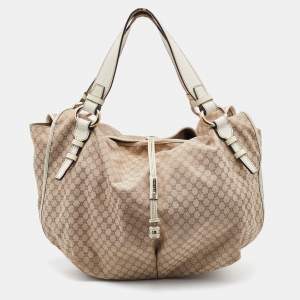 Pre Owned Celine Beige/White Canvas and Croc Embossed Leather Bittersweet Shoulder Bag