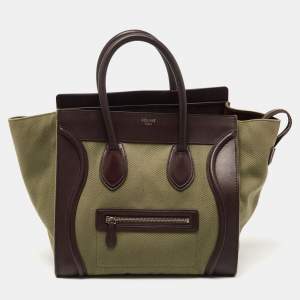 Pre Owned Celine Khaki Green/Brown Canvas and Leather Mini Luggage Tote