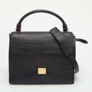 Celine Black Croc Embossed Leather and Suede Medium Trapeze Top Handle Bag