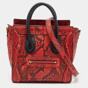 Pre Owned Celine Red/Black Python and Leather Nano  Luggage Tote
