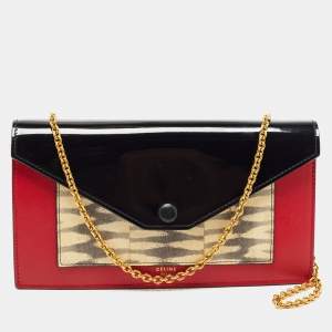 Pre Owned Celine Tricolor Lizard, Patent and Leather Pocket Envelope Wallet On Chain 