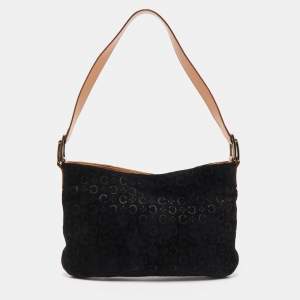 Pre Owned Celine Black/Natural Embossed Suede Shoulder Bag