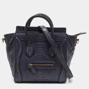 Pre Owned Celine Navy Blue Python Nano Luggage Tote