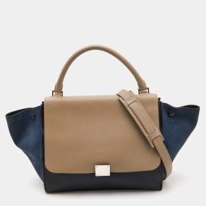 Pre Owned Celine Tri Color Leather and Suede Medium Trapeze Top Handle Bag