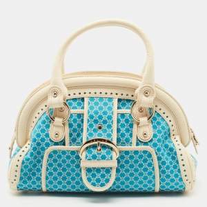 Pre Owned Celine Cream/Blue Macadam Canvas and Leather Dome Satchel