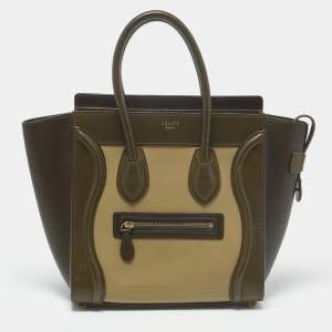 Pre Owned Celine Beige/Olive Green Leather Micro Luggage Tote