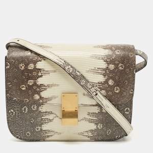 Pre Owned Celine Black/Cream Lizard Medium Classic Box Shoulder Bag