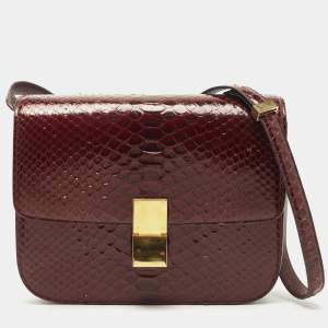 Pre Owned Celine Burgundy Python Medium Classic Box Shoulder Bag