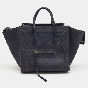 Pre Owned Celine Navy Blue Croc Embossed Leather Medium Phantom Luggage Tote