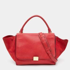 Pre Owned Celine Red Leather and Suede Medium Trapeze Bag