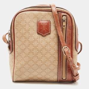 Pre Owned Celine Brown/Beige Macadam Coated Canvas and Leather Crossbody Bag