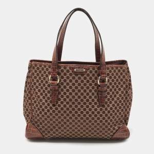 Pre Owned Celine Brown Macadam Fabric and Croc Embossed Leather Tote