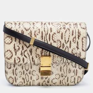 Pre Owned Celine Black/Beige Python and Leather Medium Classic Box Shoulder Bag