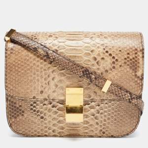 Pre Owned Celine Beige/Grey Python Medium Classic Box Shoulder Bag