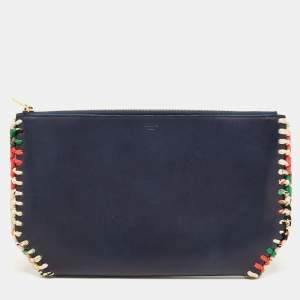Celine Navy Blue Leather Braided Zip Pouch