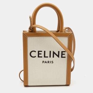 Pre Owned Celine Tan Logo Canvas and Leather Mini Vertical Cabas Tote 