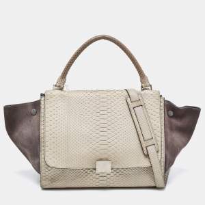 Pre Owned Celine Grey/Off-White Python and Suede Medium Trapeze Top Handle Bag