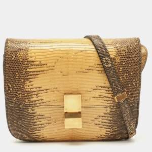 Pre Owned Celine Yellow/Black Lizard and Leather Medium Classic Box Bag
