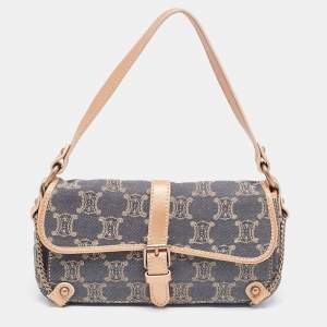 Pre Owned Celine Rose Gold/Blue Macadam Denim and Leather Buckle Flap Hobo