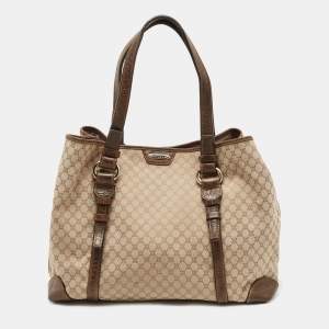 Pre Owned Celine Beige/Brown Macadam Canvas And Croc Embossed Tote 