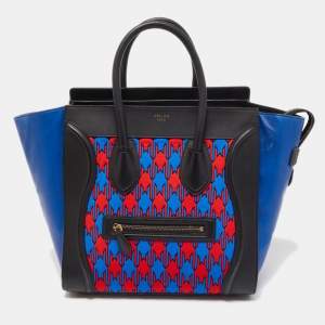 Pre Owned Celine Tricolor Leather and Jacquard Fabric Mini Luggage Tote