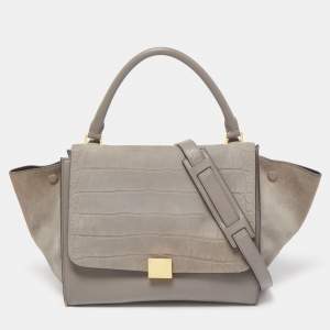 Pre Owned Celine Two Tone Grey Croc Embossed Leather and Suede Medium Trapeze Top Handle Bag