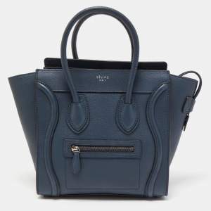 Pre Owned Celine Teal Blue Leather Micro Luggage Tote