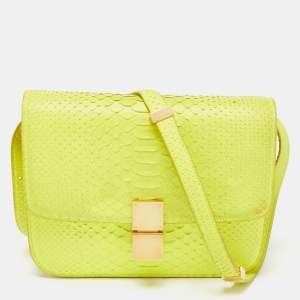 Pre Owned Celine Neon Green Python Medium Classic Box Shoulder Bag
