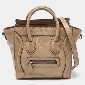 Pre Owned Celine Khaki Beige Leather Nano Luggage Tote
