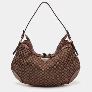 Celine Brown Macadam Fabric and Croc Embossed Leather Zip Hobo