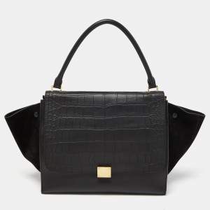Pre Owned Celine Black Leather,Croc Embossed and Suede Large Trapeze Bag