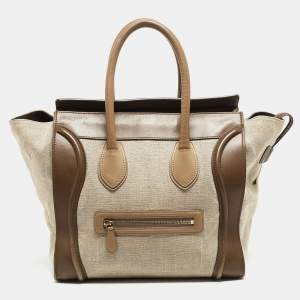 Pre Owned Celine brown/Beige Leather and Canvas Mini Luggage Tote