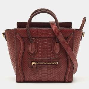 Pre Owned Celine Dark Burgundy Python Nano Luggage Tote