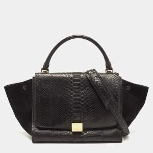 Pre Owned Celine Black Python and Suede Medium Trapeze Top Handle Bag
